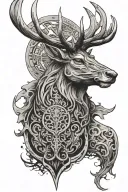 powerfull stag head profil with armor-antlers, moon overhead tattoo design idea