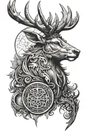 powerfull stag head profil with armor-antlers, moon overhead tattoo design idea