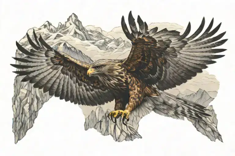 hawk flying over a lot of mountains tattoo design idea
