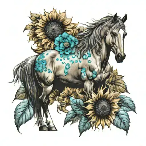 horse with sunflowers and turquoise stones tattoo design idea
