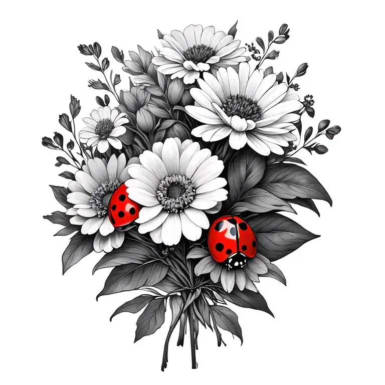 august and october bouquet birth flowers with ladybug colored  tattoo design idea