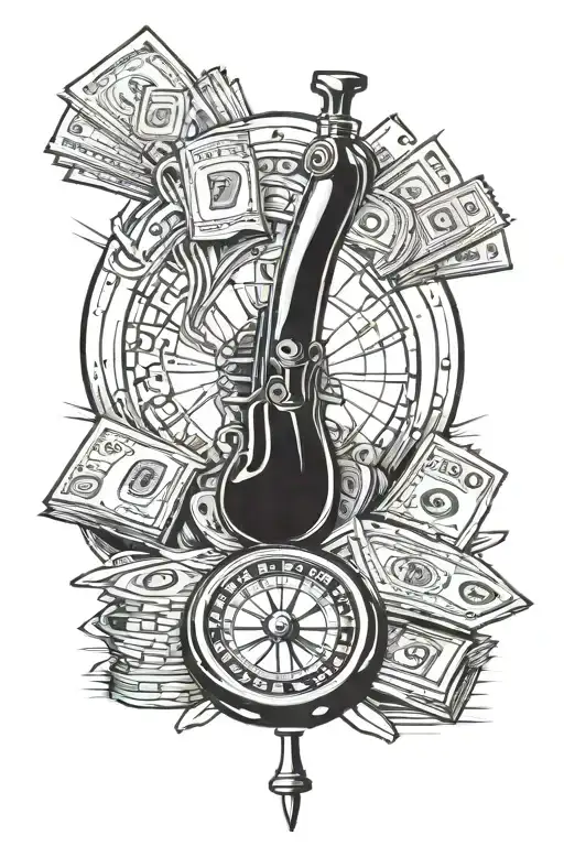 Left forearm bundle of money, date of birth: 3.8.1980. 7.7.1988, roulette wheel, number: 777, Ak 47 tattoo design idea