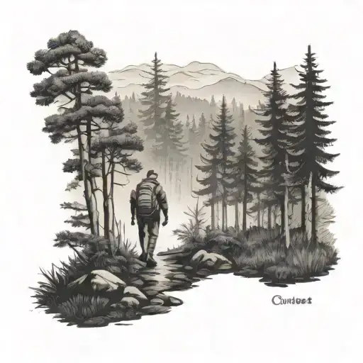 A scene of a traveler walking through a misty forest in the Great Smokey Mountains, done in dotwork for a unique look tattoo design idea