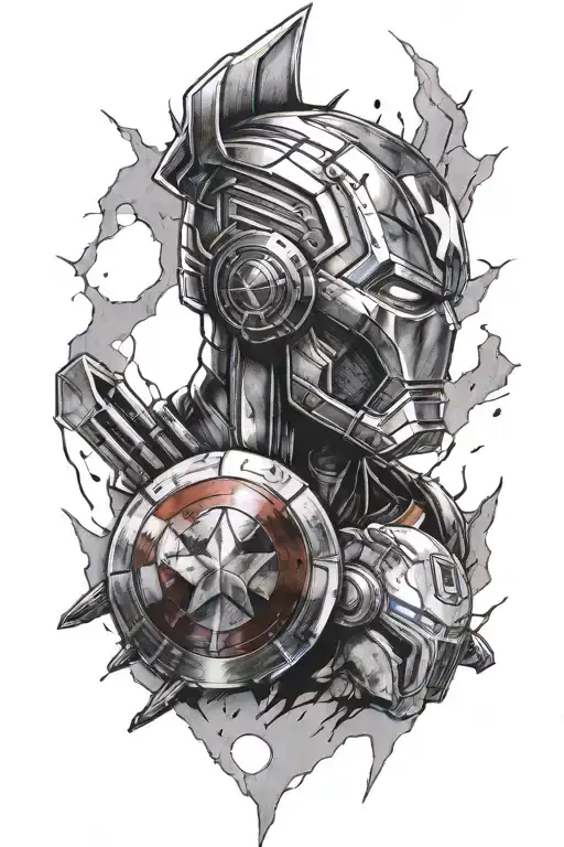 captain America shield, iron man helmet, wolverine, baby groot, Thor hammer and lightning tattoo design idea