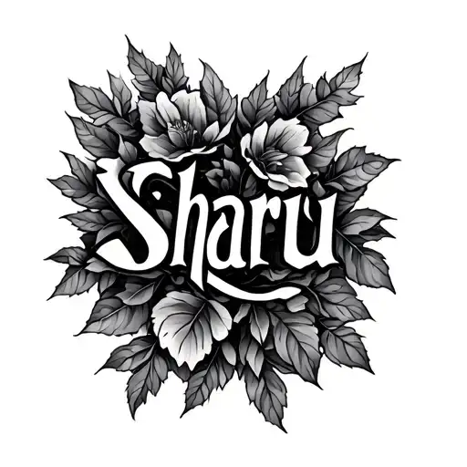 write a name Sharu in gothic style and add leaves in the background tattoo design idea