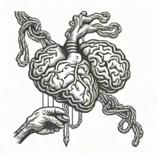 The image depicts two hearts and a brain suspended by strings, with a hand holding the strings. tattoo design idea