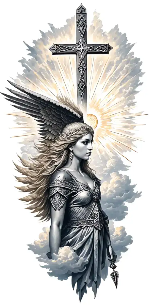norse Valkyrie, clouds, rays, a cross, heaven tattoo design idea