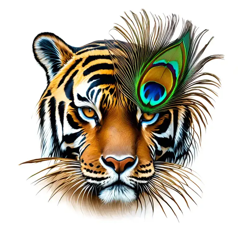 tiger face half hidden by a peacock feather.  tattoo design idea