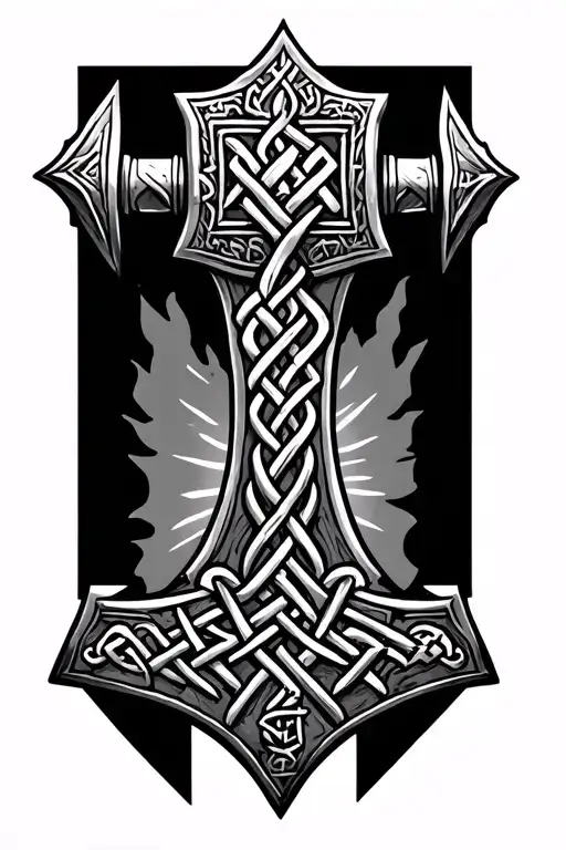 thors hammer knotwork design for lower arm half sleeve. incorporating eldar futhark runes and other Norse style imagary tattoo design idea