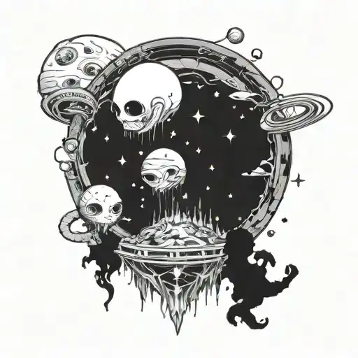 A blackwork tattoo of a cosmic portal opening up to reveal a group of anime-inspired aliens traveling through space among the stars tattoo design idea
