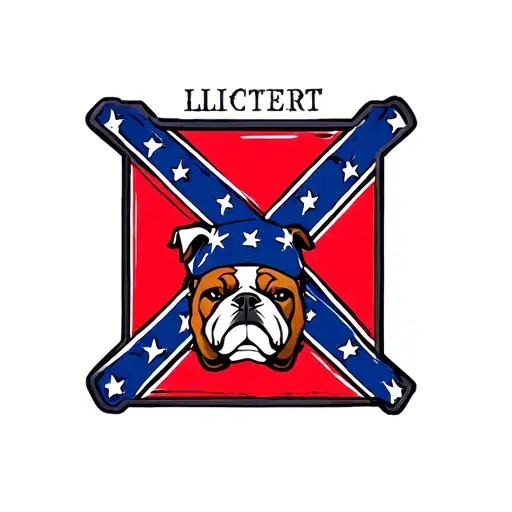 small  square red and blue confederate flag with bulldog head in center with border with american flag around it tattoo design idea