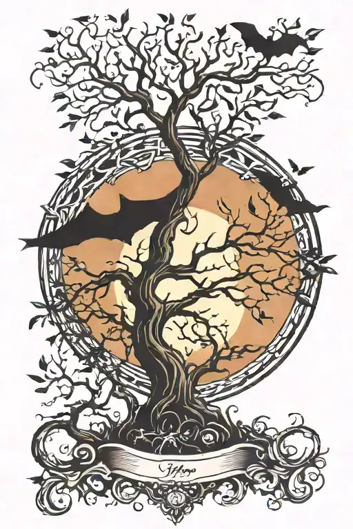 crescent moon behind poison tree with bats flying around  tattoo design idea