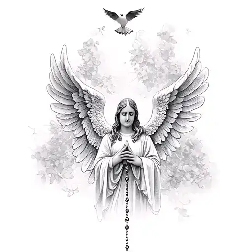 Christian ANGEL PRAYING ROSARY, WITH DOVE FLYING ABOVE HER HEAD tattoo design idea