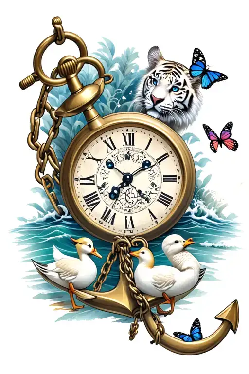 anchor with chain conected to a pocket watch surrounded by ocean, little ducks, butterflies, white tiger with blue eyes, tattoo design idea
