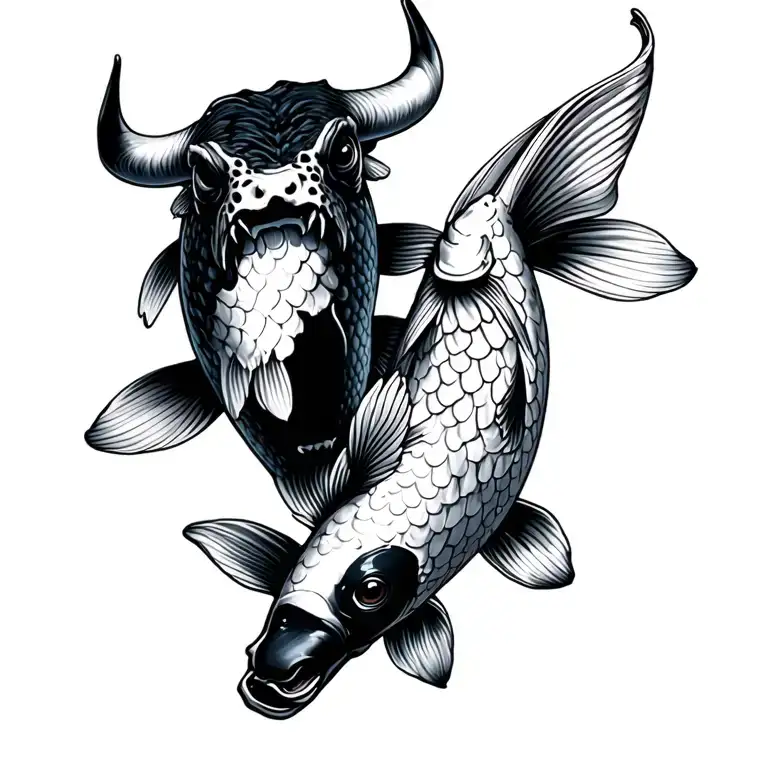 jumping koi fish with bull head only black White tattoo design idea