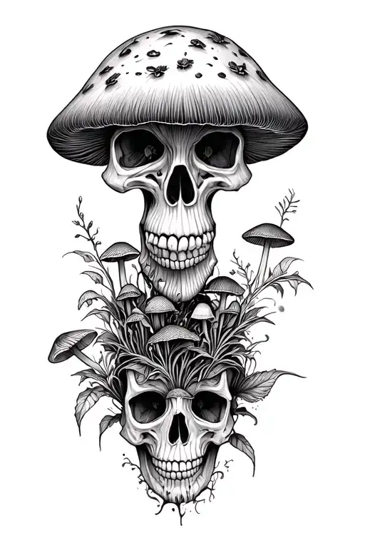 skull in nature elements like mushrooms growing tattoo design idea