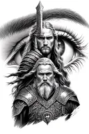 American traditional. Theoden/the rohirrim with Gondor and the eye of Sauron in background. Show Legolas, Aragon, Gimli tattoo design idea