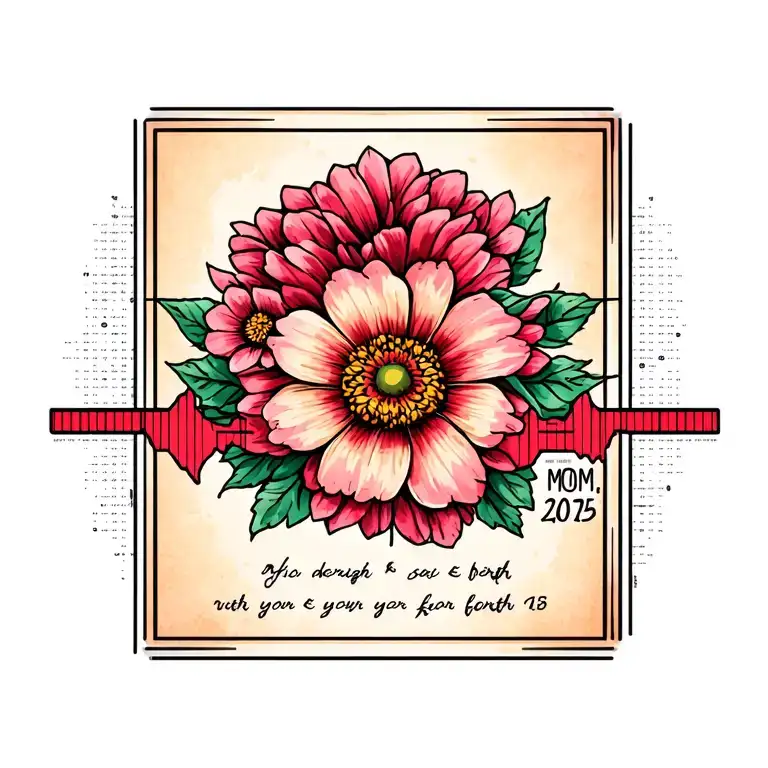 memorial tattoo for mom tribute located on inner wrist in horizontal alignment, date of birth & death, heartbeat, flower tattoo design idea