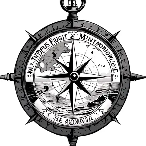 compass with a nautical map inside, text saying "Tempus Fugit Memento Mori", lighthouse, oceans, sunset tattoo design idea