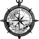 compass with a nautical map inside, text saying "Tempus Fugit Memento Mori", lighthouse, oceans, sunset tattoo design idea
