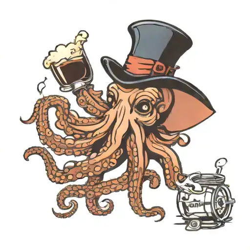 in the arms of an octopus, whiskey, cigar,  tattoo design idea