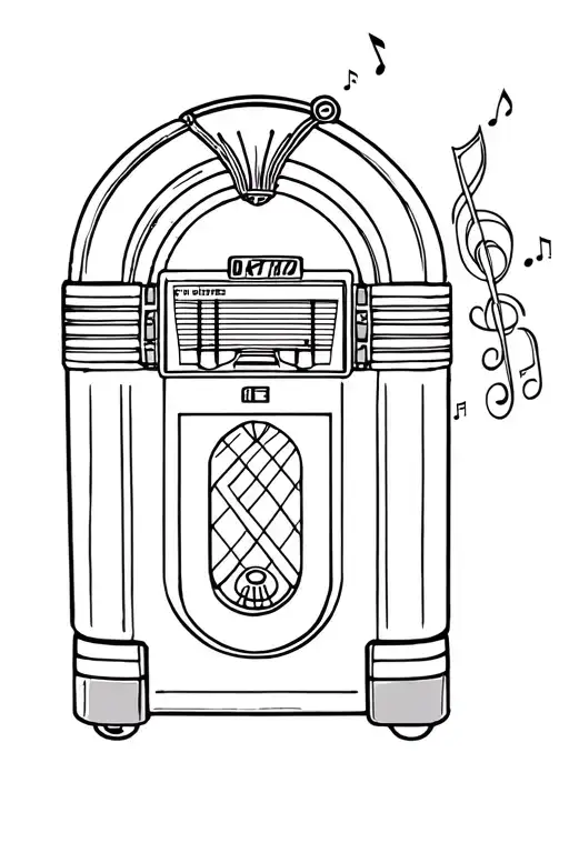 1950s jukebox with music notes, flowing up and out of it tattoo design idea