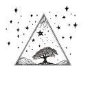 upside down tree, growing from inside an inverted triangle, with stars scattered in the background tattoo design idea
