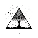 upside down tree, growing from inside an inverted triangle, with stars scattered in the background tattoo design idea