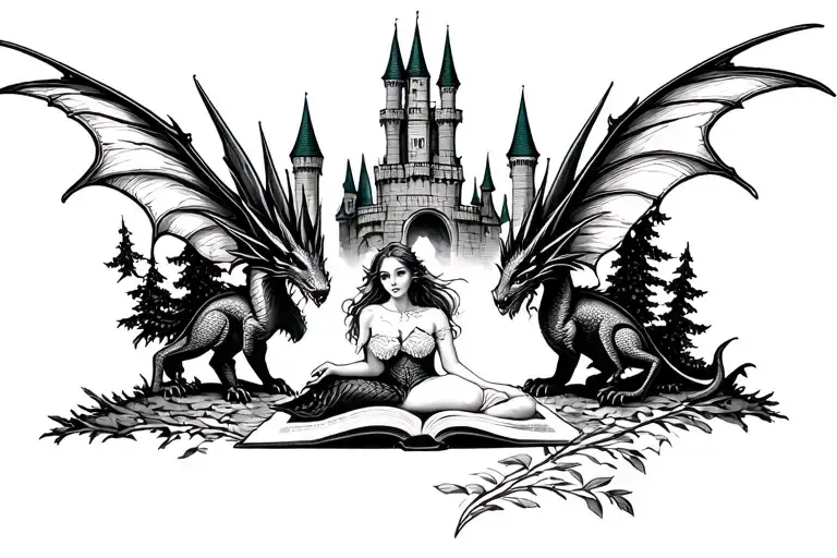 elf fairy sitting dragons near her, with a book open, by a castle with trees  tattoo design idea