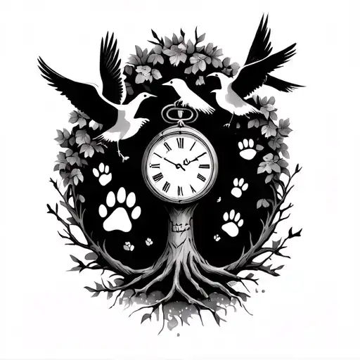Half sleeve tattoo with the following:- family tree- 3 Doves- dog paw print - Clock represents quality time- Angel  tattoo design idea