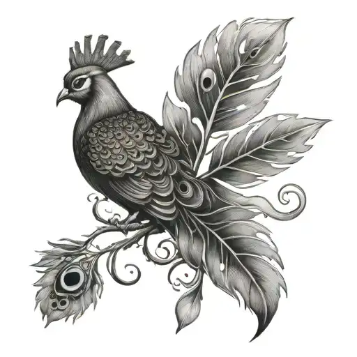 oak tree roots and branches, peacock feather for a trunk, oak branches with laurel leaf crown feminine but strong tattoo design idea