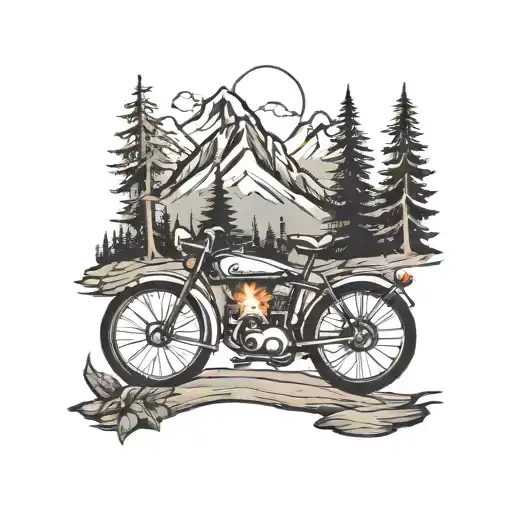 I need outdoor scene with bike , mountain,camp fire,tree tattoo design idea