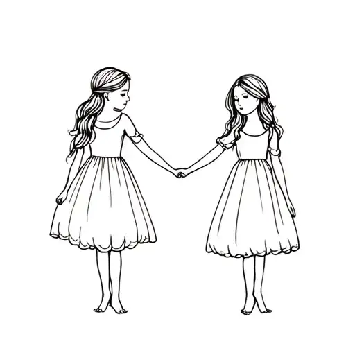 two young sisters holding hands wearing matching dresses tattoo design idea