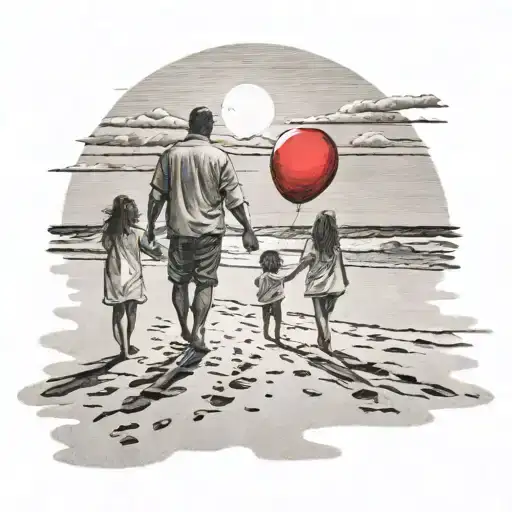 Father, mother, little son and daughter with red balloon, on the beach, walking hand in hand, sunset, footprints in the sand tattoo design idea