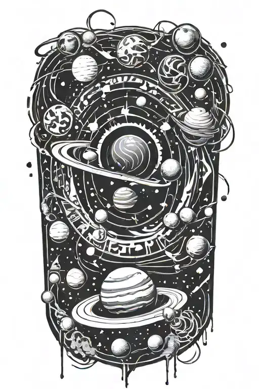 spinning galaxy and planets orbiting tattoo design idea