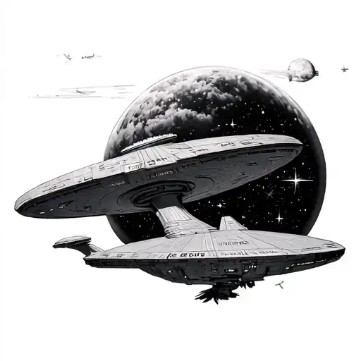 cover-up for a large blown out piece. Star Trek motif. Enterprise-D in the foreground in movement. A Klingon Bird-of-pre tattoo design idea