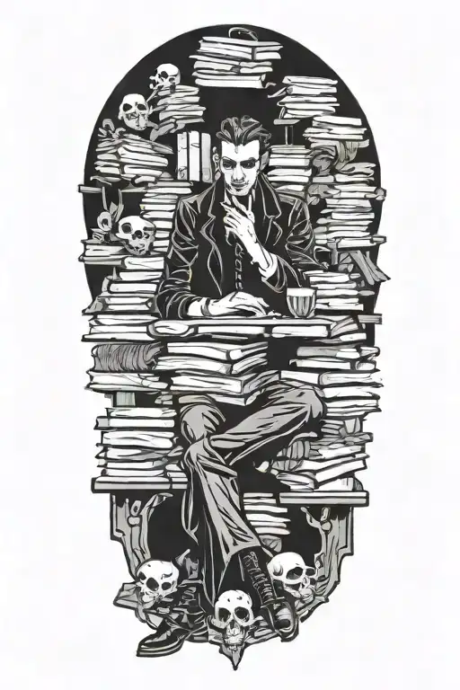 A vampire sitting amongst a pile of corpses and books. Occultism, tortured souls tattoo design idea