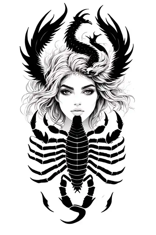 sillouette of a woman’s face serene and powerful. A scorpion shaping her chest reincarnate phoenix and dragon  tattoo design idea