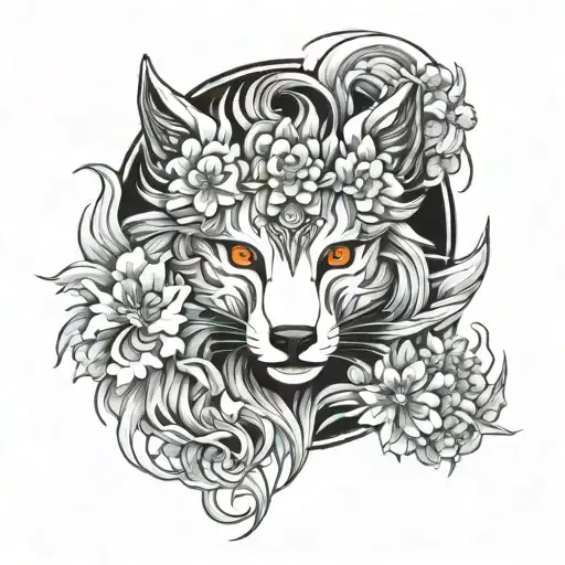 god amaterasu with kitsune and flowers tattoo design idea
