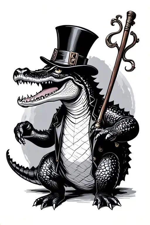 full body alligator with top hat and cane fineline sideview tattoo design idea