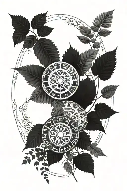 A Mayan calendar intertwined with ivy and ferns tattoo design idea