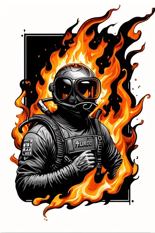 diver with fire helmet engulfed in flames tattoo design idea