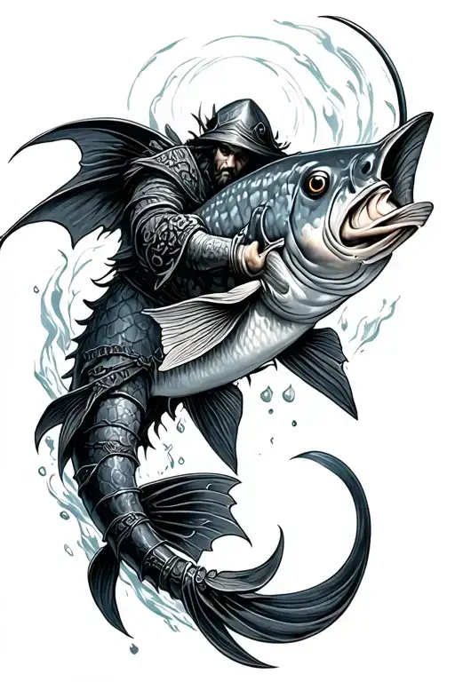 The Wandering Magician from dark souls swimming in a fish tattoo design idea