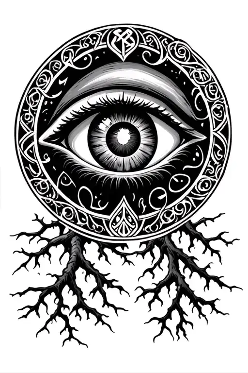 Wide open eye . slavic pagan style with symbol for protection in circle . also roots coming from the eye tattoo design idea
