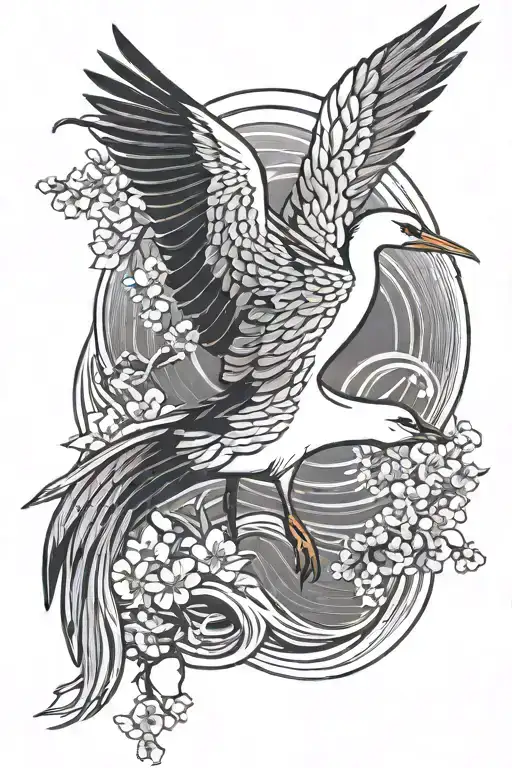 Japanese stork with cherry blossoms and sea waves tattoo design idea