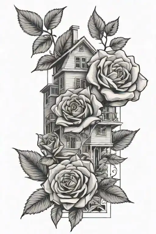 Roses with leaves, line drawing architecture houses tattoo design idea