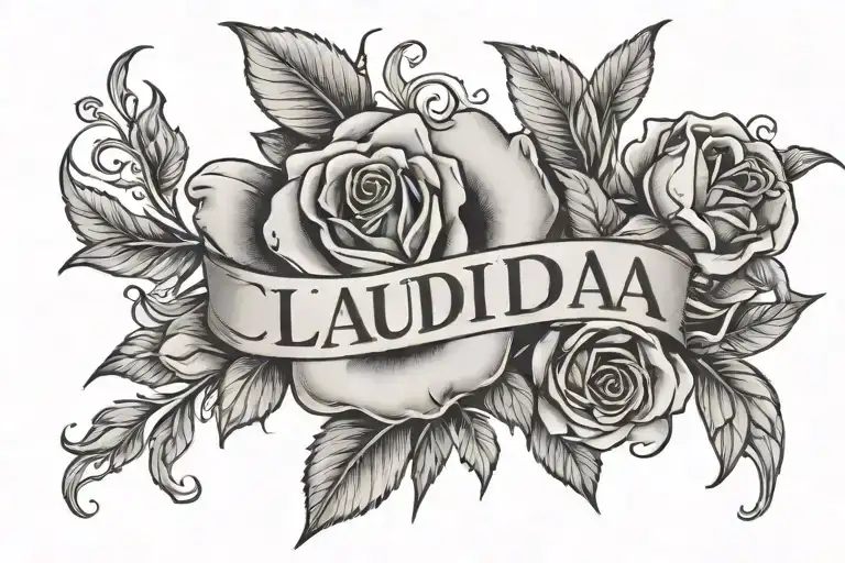 Name "Claudia", in a circkle of rose intertwined with a small rose on top tattoo design idea