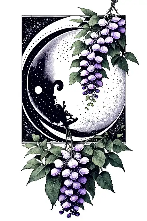 a wisteria flower intertwined with a moon surrounded tattoo design idea