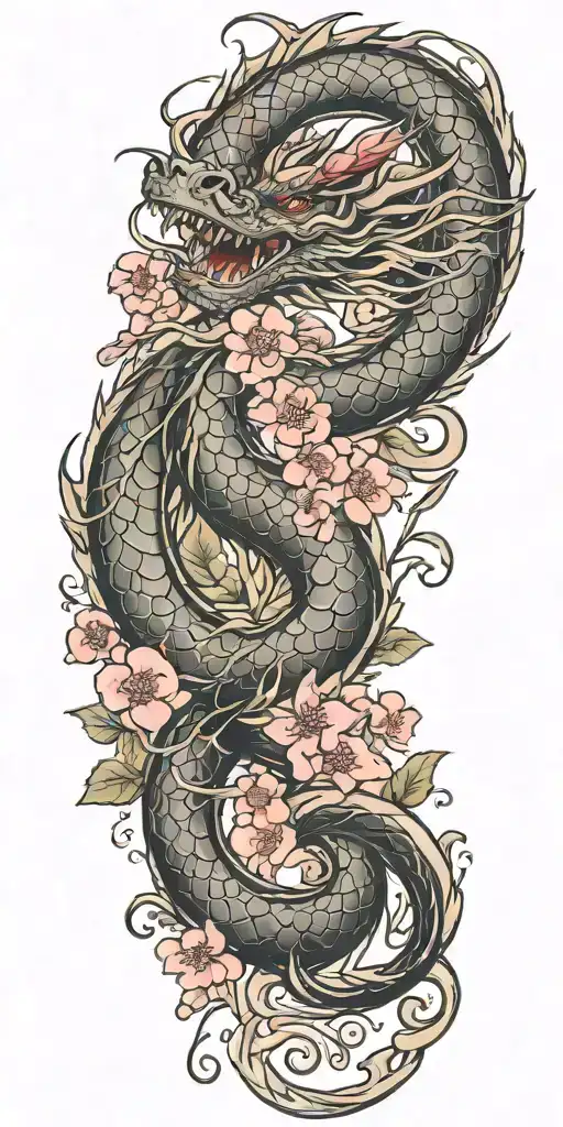 dragon coil and cherry blossom petals falling tattoo design idea