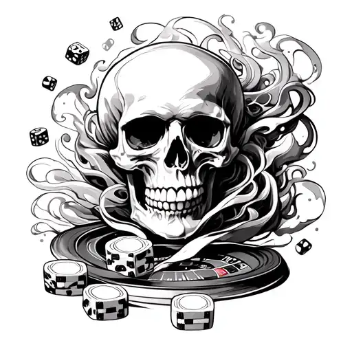 A surreal tattoo design featuring a skull surrounded by swirling smoke and floating dice, with a subtle nod to gambling elements like poker chips and roulette wheels tattoo design idea